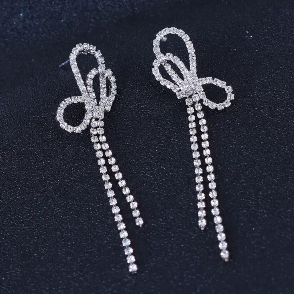 Silver Rhinestone Bow Earrings